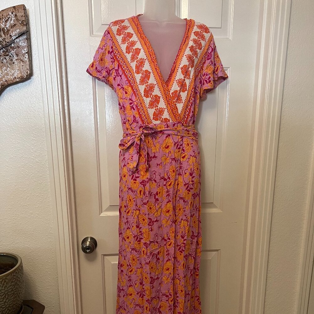 Zesica Floral Orange & Pink Wrap Dress